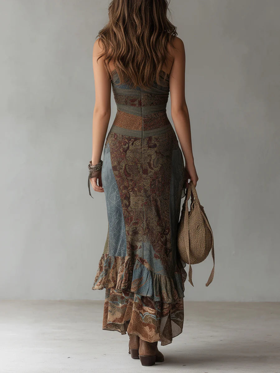 Elena - Vestido largo de un solo hombro estampado en estilo étnico con abertura alta