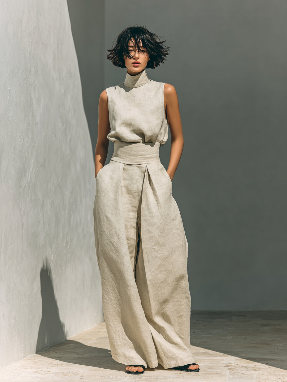 Maria - Conjunto de top sin mangas y pantalones anchos de algodón y lino minimalista para mujer
