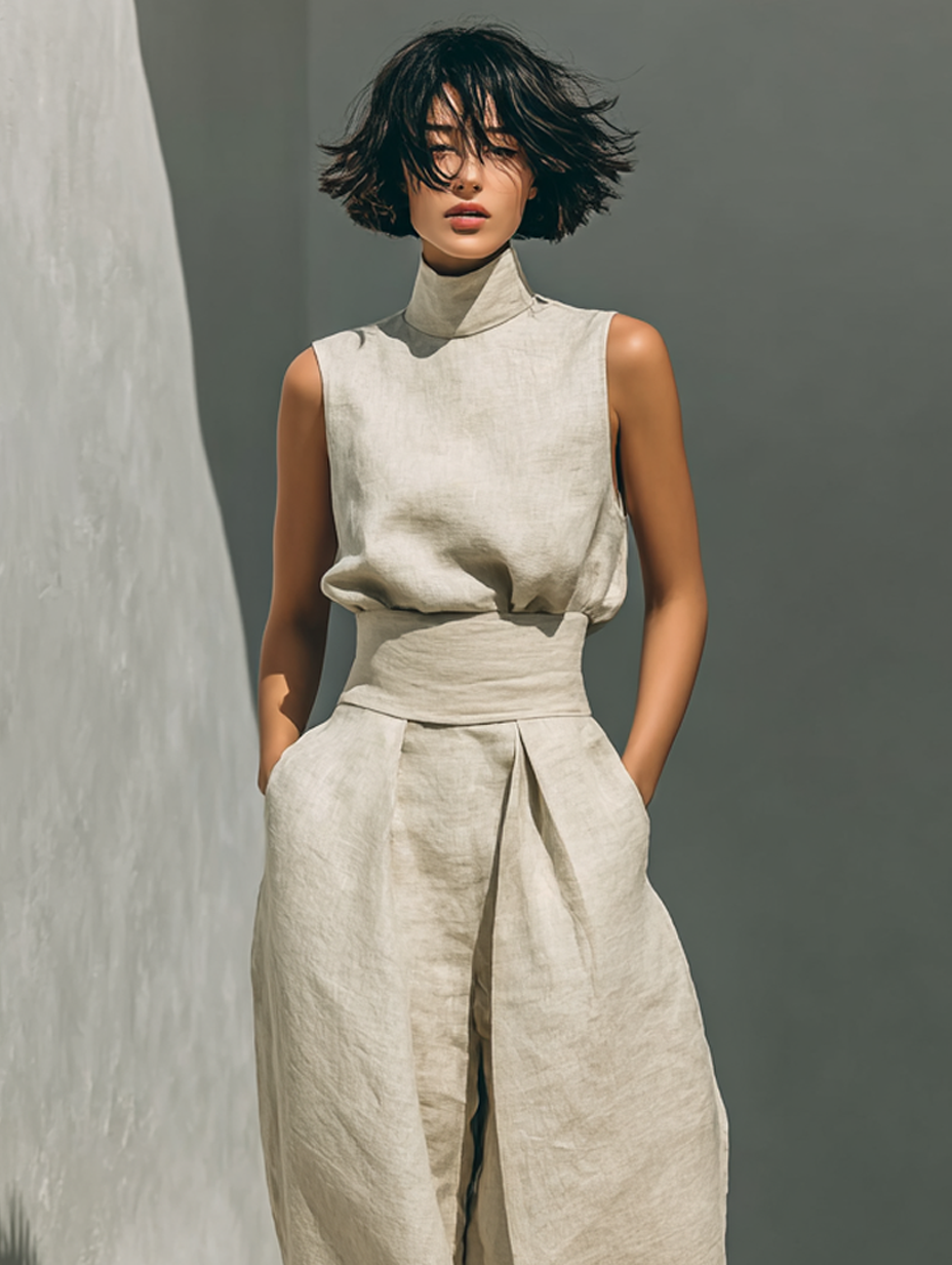 Maria - Conjunto de top sin mangas y pantalones anchos de algodón y lino minimalista para mujer