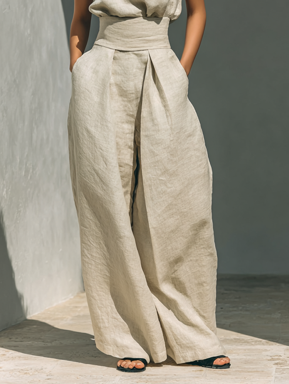 Maria - Conjunto de top sin mangas y pantalones anchos de algodón y lino minimalista para mujer