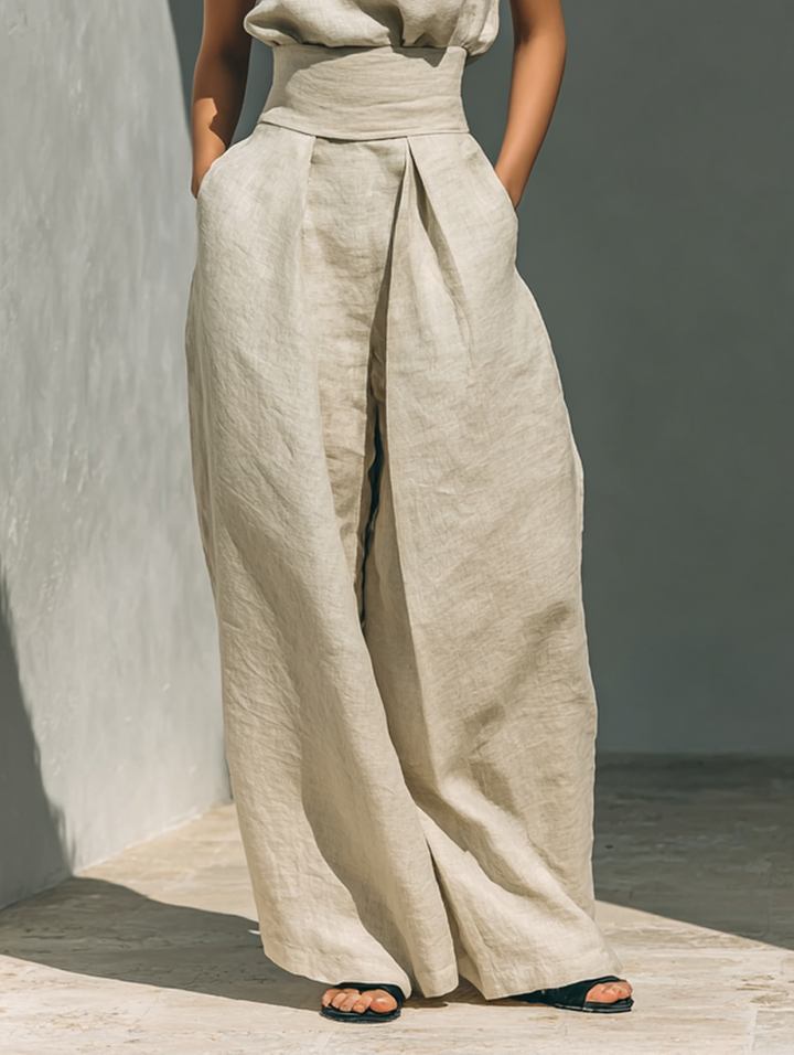 Maria - Conjunto de top sin mangas y pantalones anchos de algodón y lino minimalista para mujer