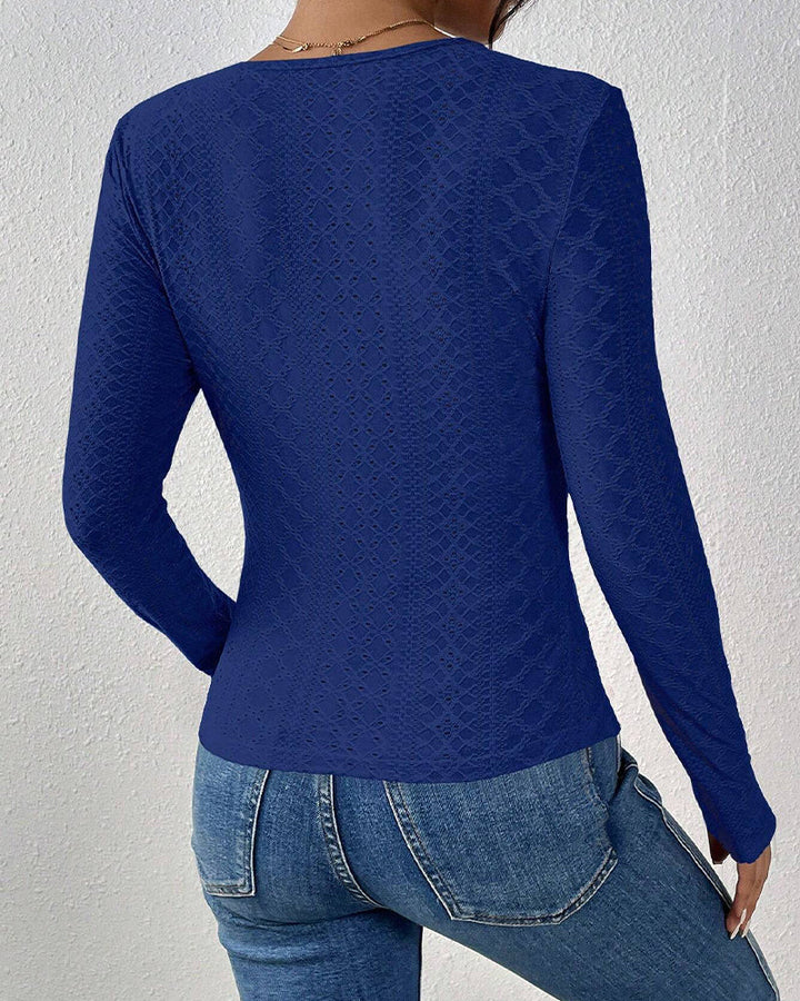 Top de manga larga con cuello en V y panel de encaje