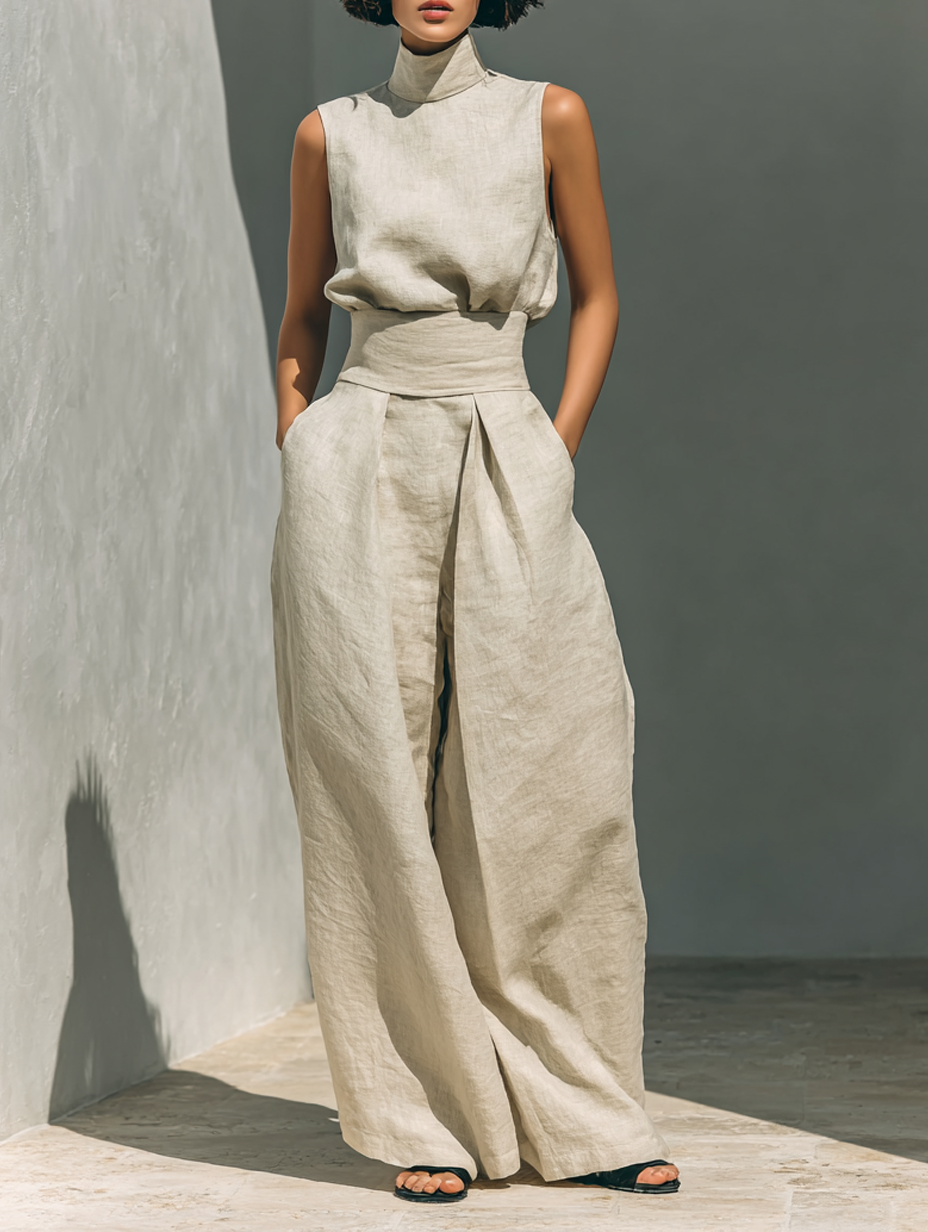 Maria - Conjunto de top sin mangas y pantalones anchos de algodón y lino minimalista para mujer