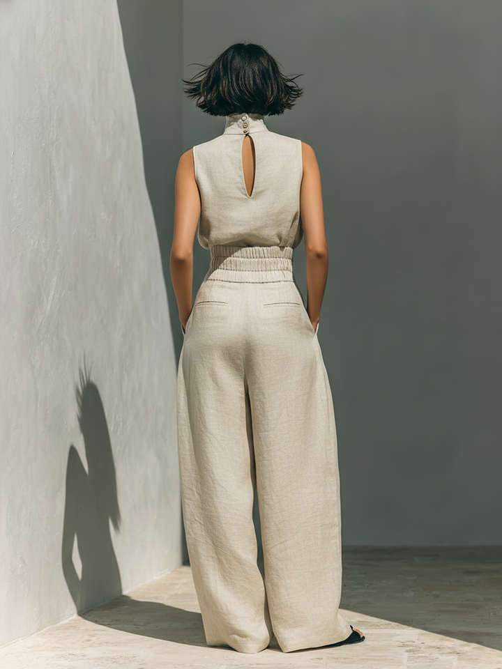 Maria - Conjunto de top sin mangas y pantalones anchos de algodón y lino minimalista para mujer