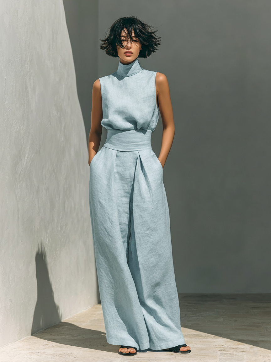 Maria - Conjunto de top sin mangas y pantalones anchos de algodón y lino minimalista para mujer