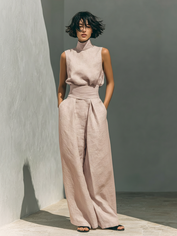 Maria - Conjunto de top sin mangas y pantalones anchos de algodón y lino minimalista para mujer