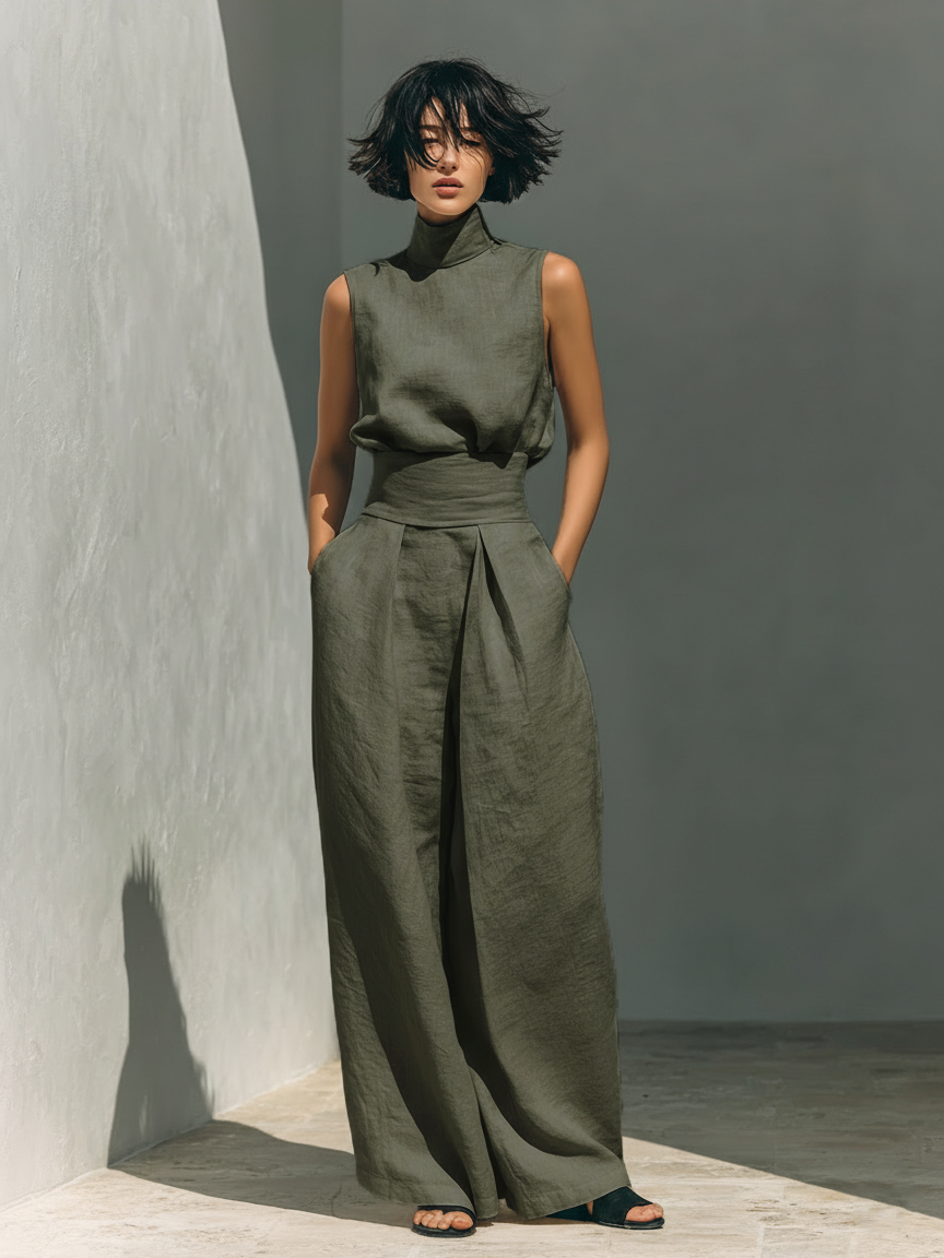 Maria - Conjunto de top sin mangas y pantalones anchos de algodón y lino minimalista para mujer