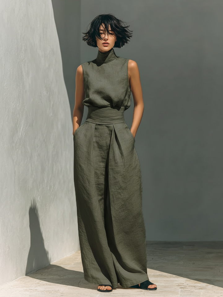 Maria - Conjunto de top sin mangas y pantalones anchos de algodón y lino minimalista para mujer